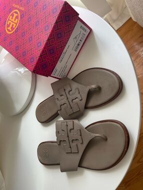 Tory Burch Neutral Taupe Logo Thong Sandals